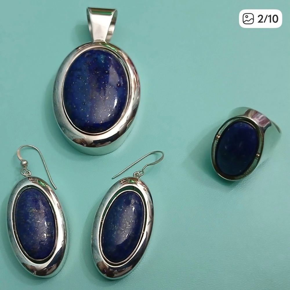 Sterling Silver reversible Turquoise and Lapis Jewelry Set - Picture 4 of 7